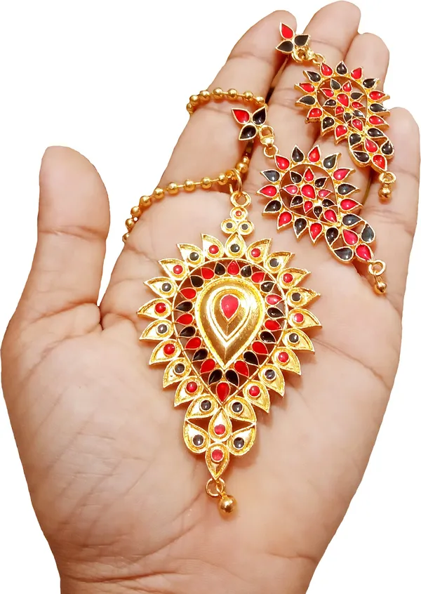 Assamese_Traditional_Gold_Plated_Red_Black_Colour_Dugdugi_Chain_Jewellery_Set_For_Women